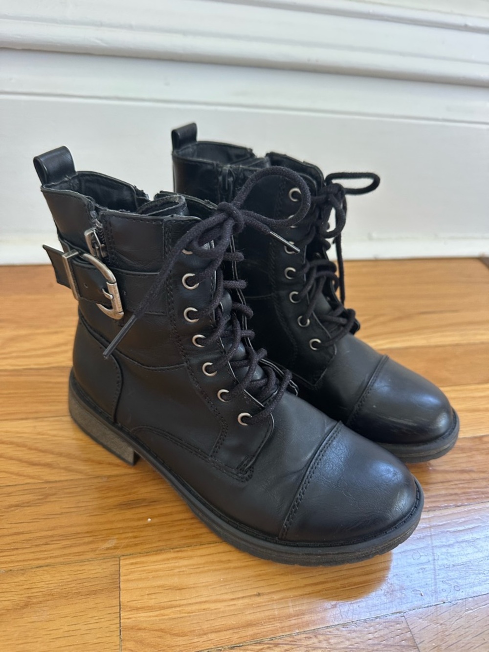 Black Combat Boots Girls Sz 2 Lace Up Zipper Buckle Moto Boots